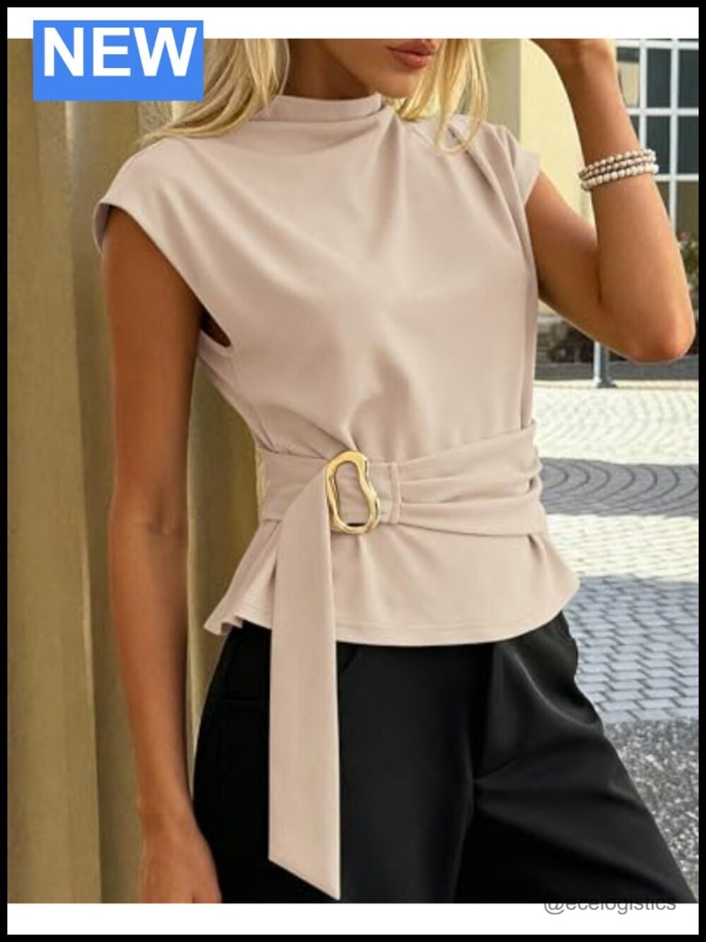 Mock Neck Cap Sleeve Tunic Blouse with Gold Buckle Front and Back Zipper - Picture 5 of 6